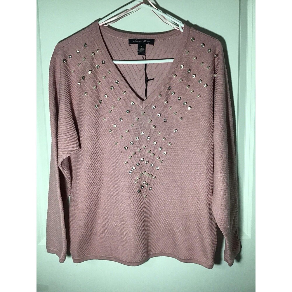 a love story Pink Diamante & Pearls V-Neck Pullover Sweater Dolman Sleeve M